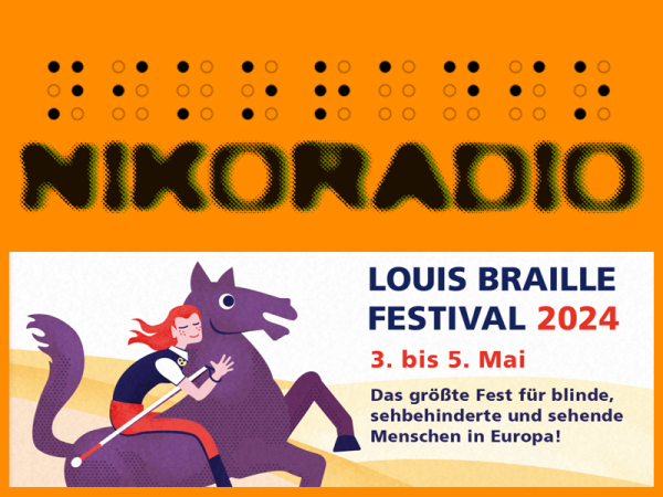 Das Bild besteht aus zwei Teilen: In der oberen Hälfte ist das Logo nikoradio zu sehen: Der Schriftzug nikoradio in Grossbuchstaben, darüber die grafische Darstellung in Braillepunkten. In der unteren Hälfte ist das Banner des Louis Braille Festivals 2024 zu sehen.