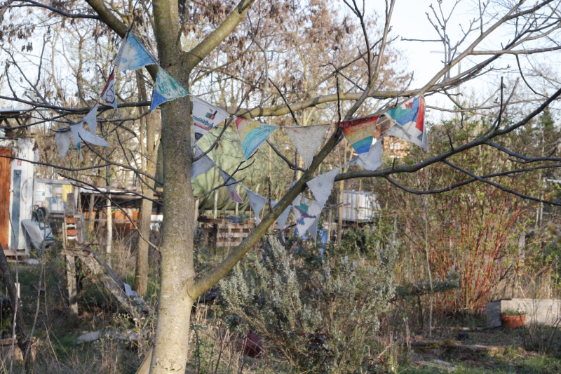 Bunte Wimpel in einem kargen Baum, dahinter sieht man selbstgebaute Gartenmöbel und verschiedene Sträucher.