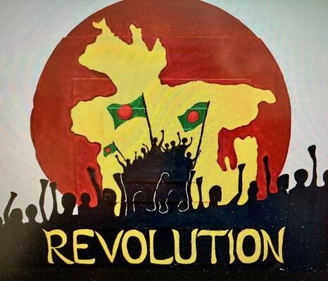 Darstellung eines Protests mit dem Schriftzug "Revolution"