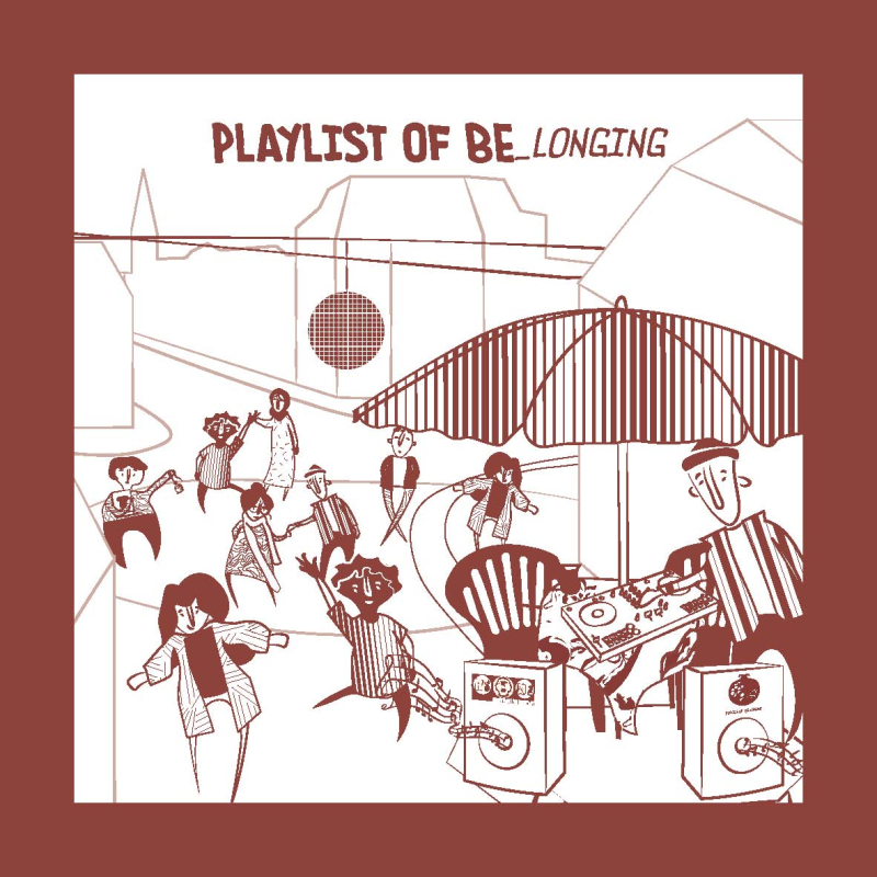 PLaces of Belonging: Illustration mit zwei Lautsprechern, einem Sonnenschirm und einem DJ im Vordergrund und tanzenden Menschen