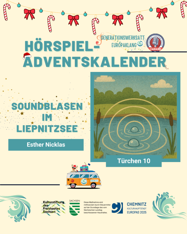 Adventskalender Türchen 10 zeigt einen See, aus dem Luftblasen mit Schallwellen aufsteigen