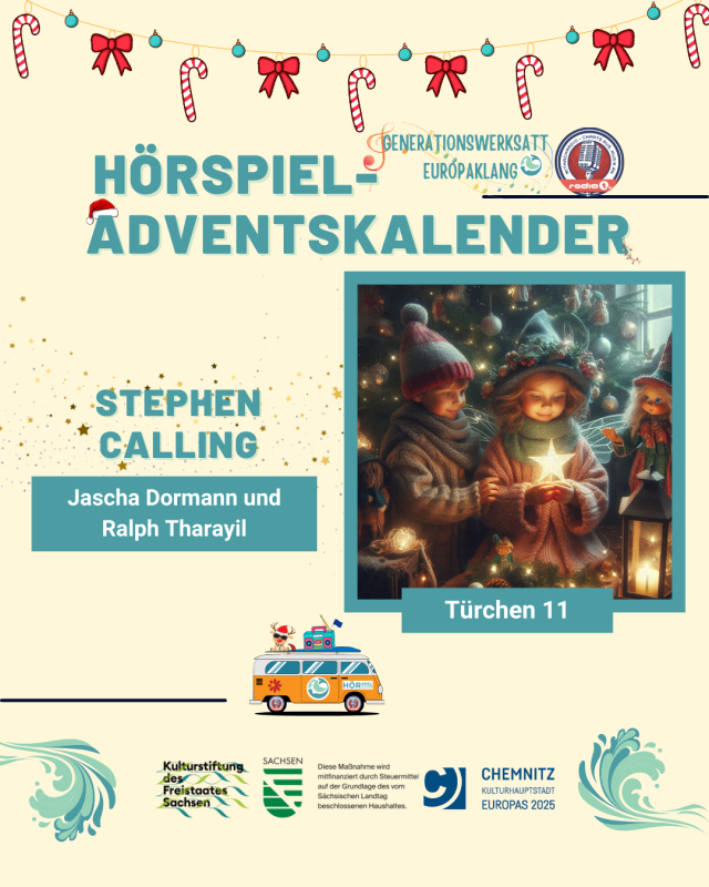 Das Adventskalender Türchen 11 zeigt Kinder vor einem Weihnachtsbaum, die einen leuchtenden Stern in den Händen halten