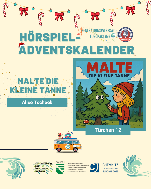 Adventskalender Türchen 12 zeigt eine kleine Tanne mit Gesicht, die sich mit einem Mädchen unterhält, im Zeichentrickstil