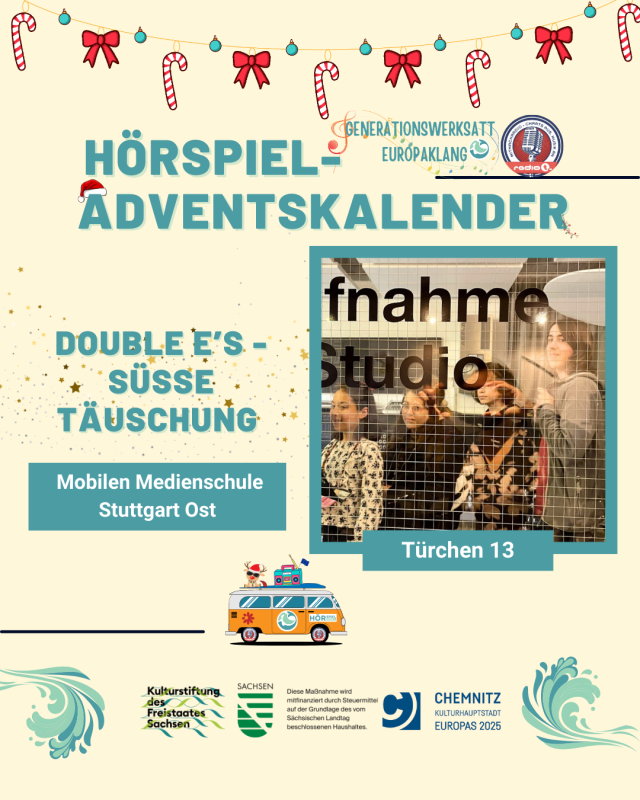 Im Adventskalendertürchen Nummer 13 sieht man Kinder, die in einem Radiostudio stehen und eine Sendung aufnehmen