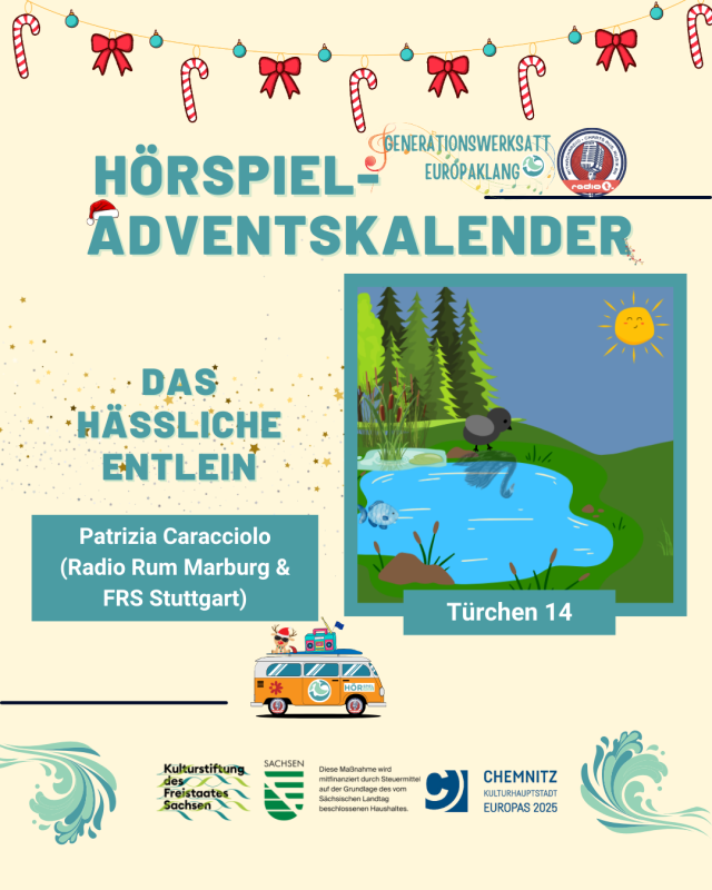 Das Adventskalender Türchen 14 zeigt eine Zeichnung einer kleinen Ente die an einem See entlangläuft