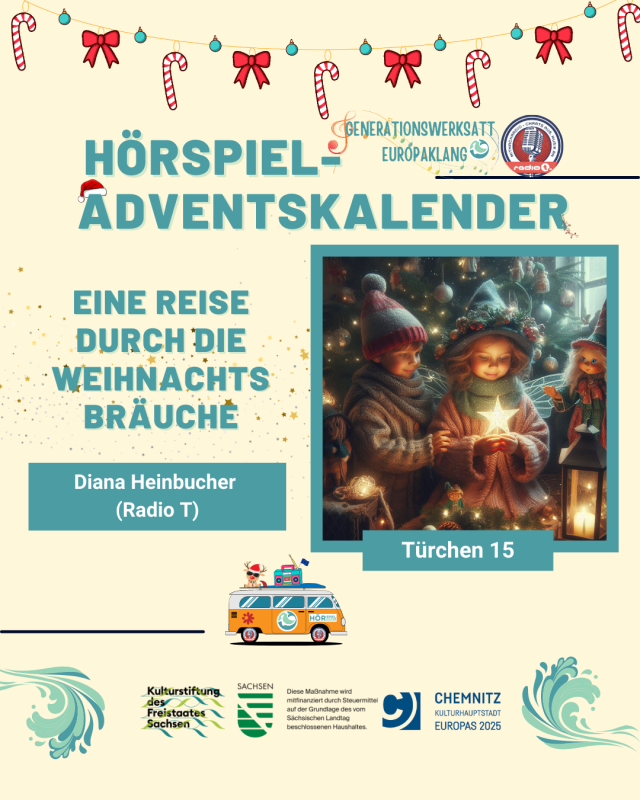 Adventskalender Türchen 15 zeigt zwei Kinder vor einem Weihnachtsbaum, die einen leuchtenden Stern in den Händen halten