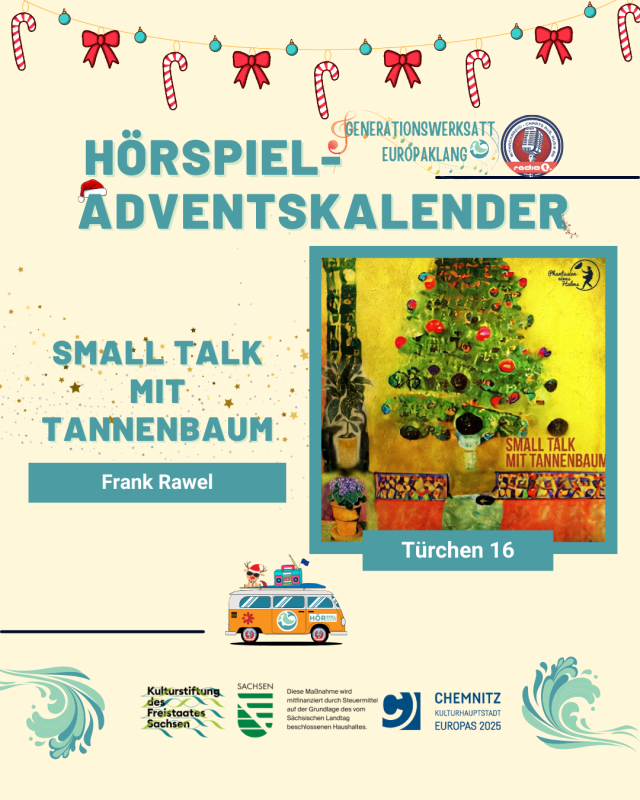 Türchen 16 zeigt ein Gemälde von einem Weihnachtsbaum mit Geschenken