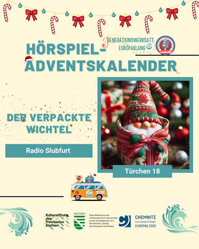 Türchen 18 zeigt einen in Geschenkpapier eingewickelten Weihnachtswichtel