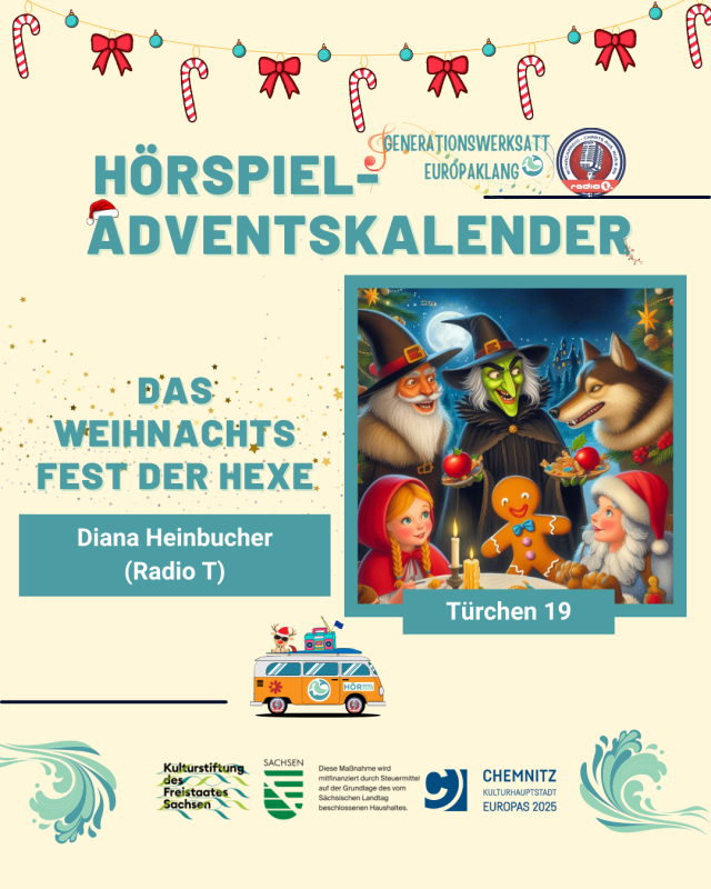 Das Türchen 19 zeigt mehrere Märchenfiguren, wie Rotkäppchen, den bösen Wolf und das Lebkuchenmännchen, die sich freudig um eine Hexe versammeln