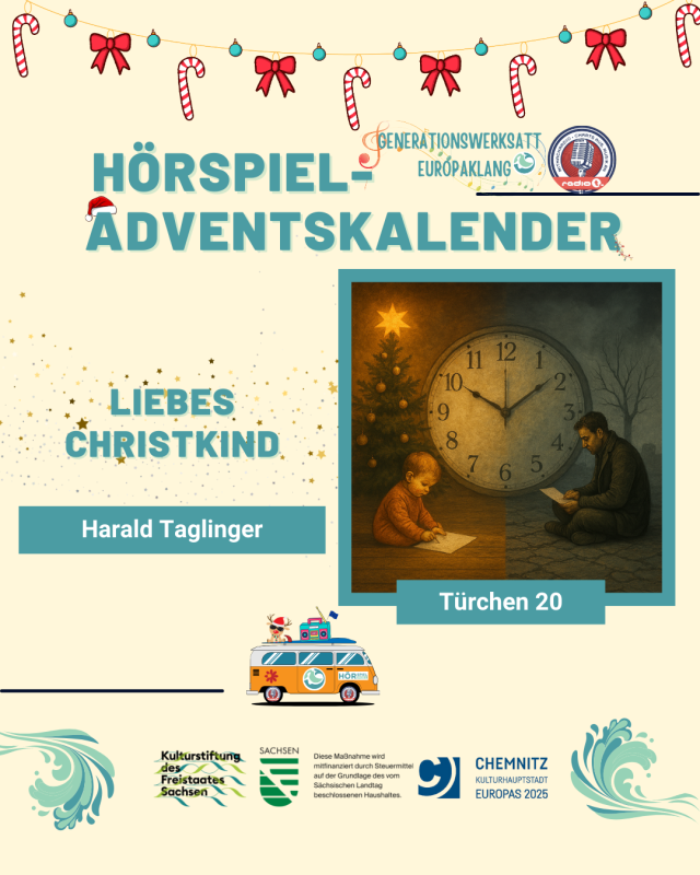 Türchen 20 zeigt einen Erwachsenen vor einem betrübten Hintergrund und ein Kleinkind vor einem gemütlichen Hintergrund, die einen Brief schreiben bzw. lesen, im Hintergrund ist eine große Uhr