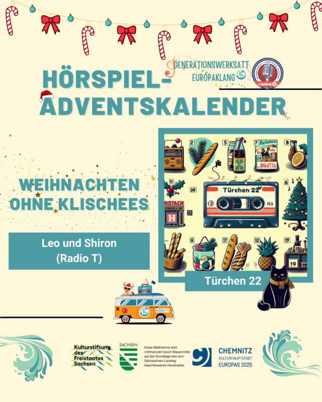 Türchen 22 zeigt ein Mixtape, das umgeben ist von verschiedenen Dingen, wie Baguettes, Weihnachtsbäumen und Radios