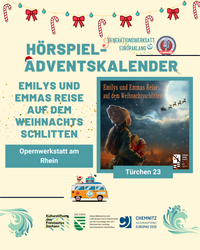 Türchen 23 zeigt ein Mädchen, das mit einem Geschenk in der Hand zum Nachthimmel schaut, wo der Weihnachtsmann in seinem Schlitten entlangfährt