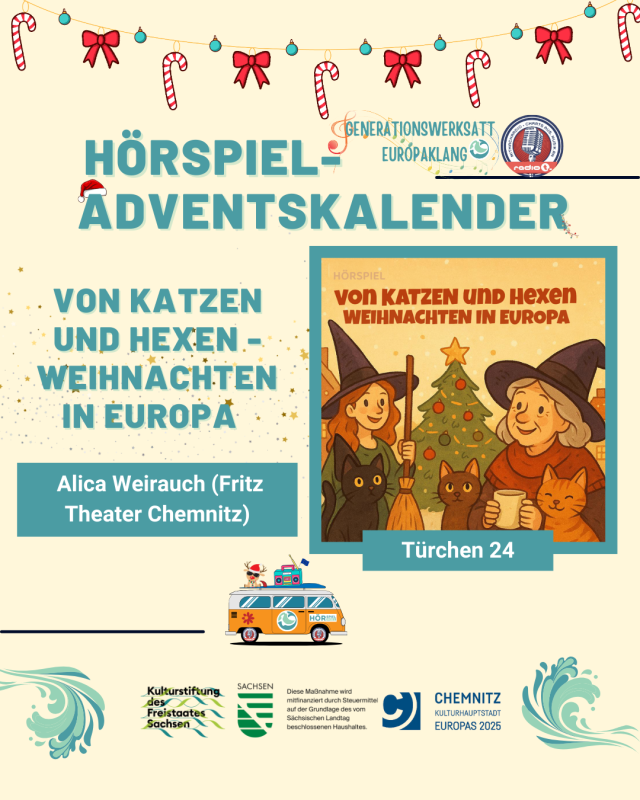 Türchen 24 zeigt eine junge und eine ältere Hexe, die lächelnd mit Katzen vor einem Weihnachtsbaum stehen