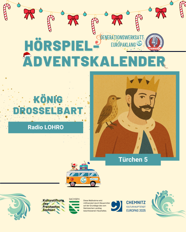 Adventskalender Türchen 5 zeigt eine gezeichnete Version von König Drosselbart mit Vogel auf der Schulter
