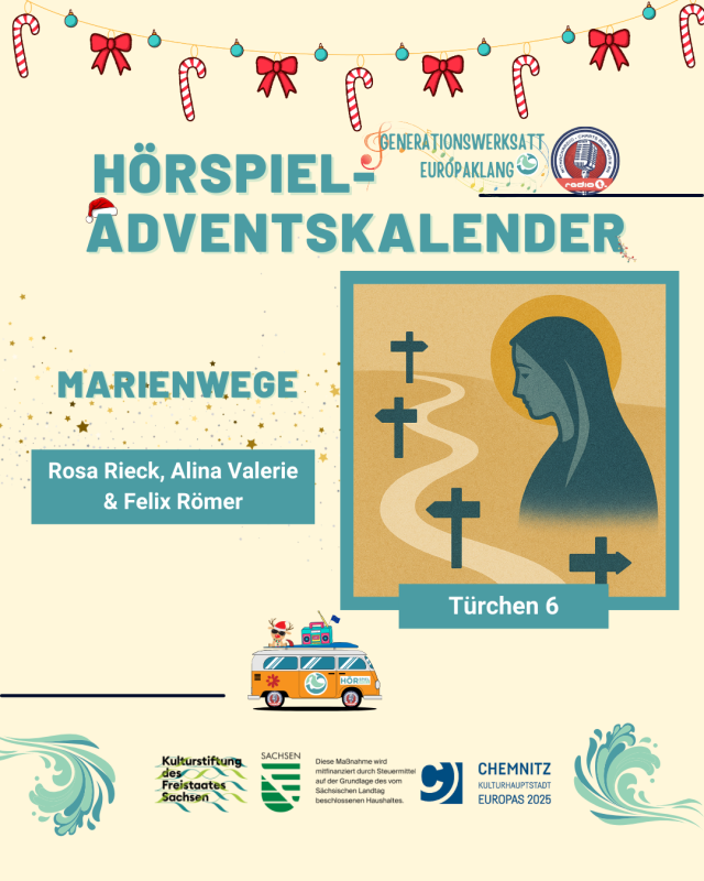 Adventskalender Türchen 6 zeigt die Jungfrau Maria vor einem Pfad der von christlichen Kreuzen gesäumt ist