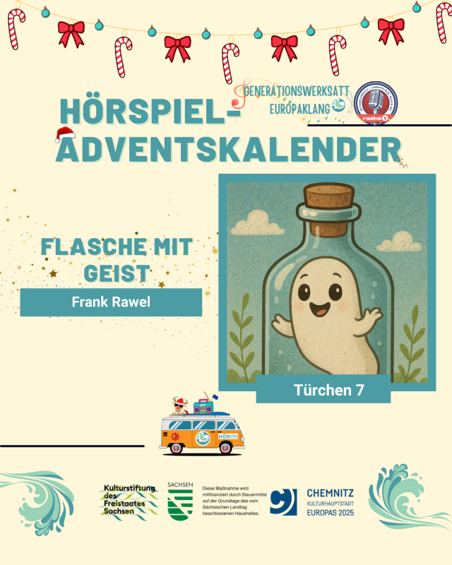 Adventskalender Türchen 7 zeigt einen kleinen Geist, der in einer Flasche gefangen ist