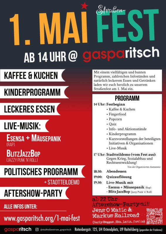 Plakat 1. Mai im Stadtteilzentrum Gasparitsch