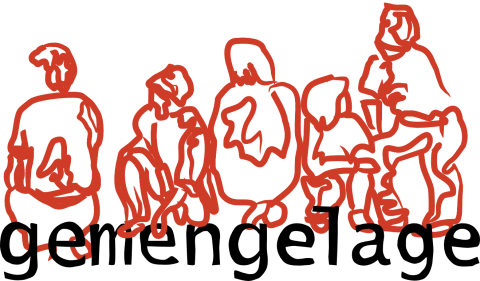 Logo mit Text "gemengelage" und Zeichnung von fünf Personen in der Hocke sitzend