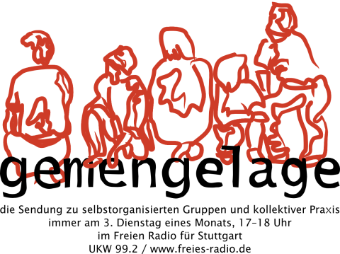 Logo mit Text "gemengelage" und Zeichnung von fünf Personen in der Hocke sitzend