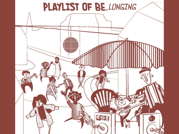 PLaces of Belonging: Illustration mit zwei Lautsprechern, einem Sonnenschirm und einem DJ im Vordergrund und tanzenden Menschen